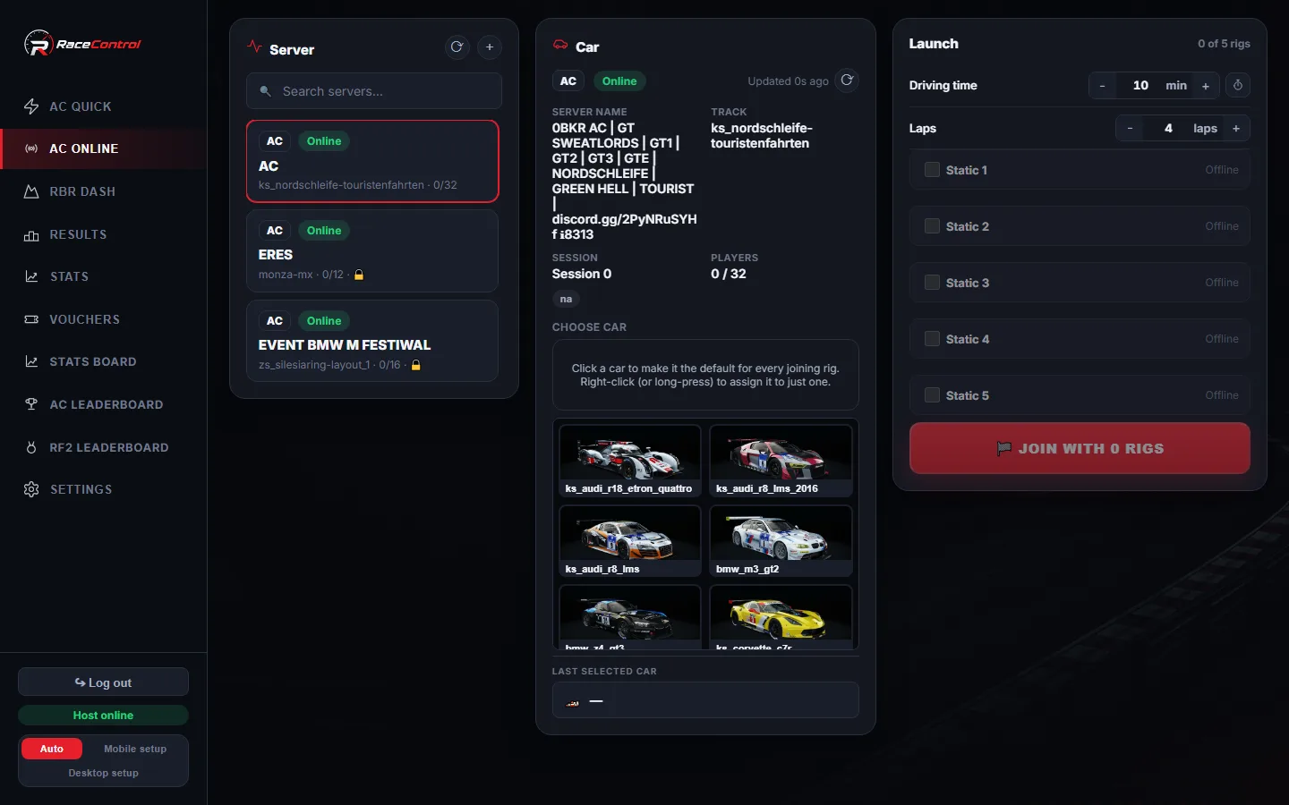 AC Online server list with live track, car list and player count