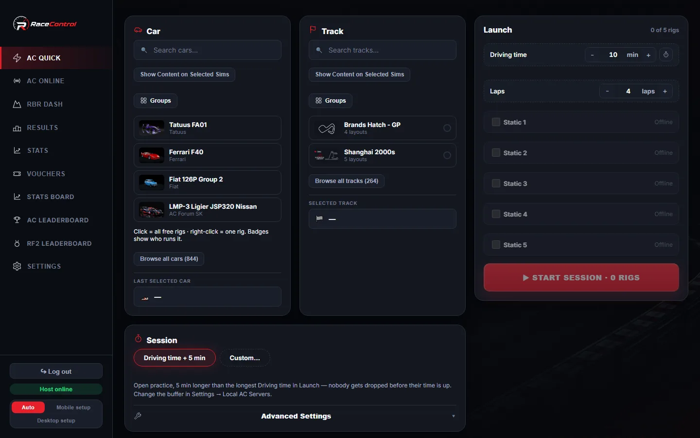 RaceControl AC Quick Launch screen with per-rig status tiles