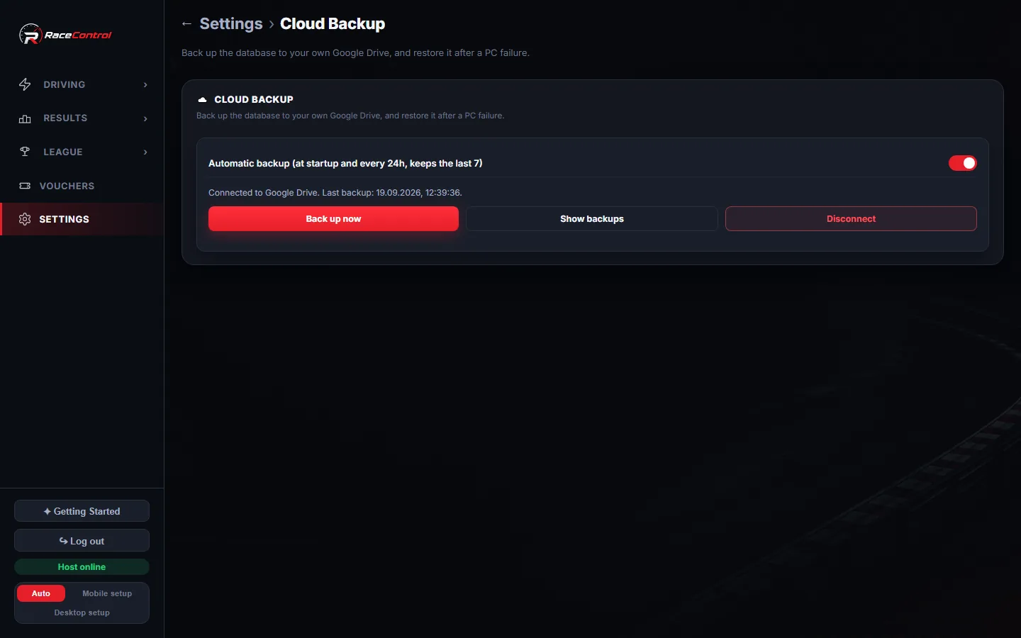 Cloud Backup connected to Google Drive with automatic backups and one-click restore