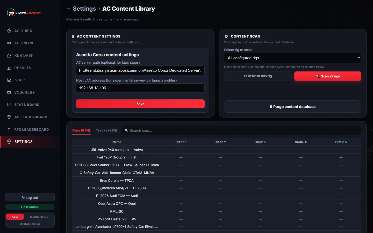 AC Content Library with scan controls and a per-rig presence matrix
