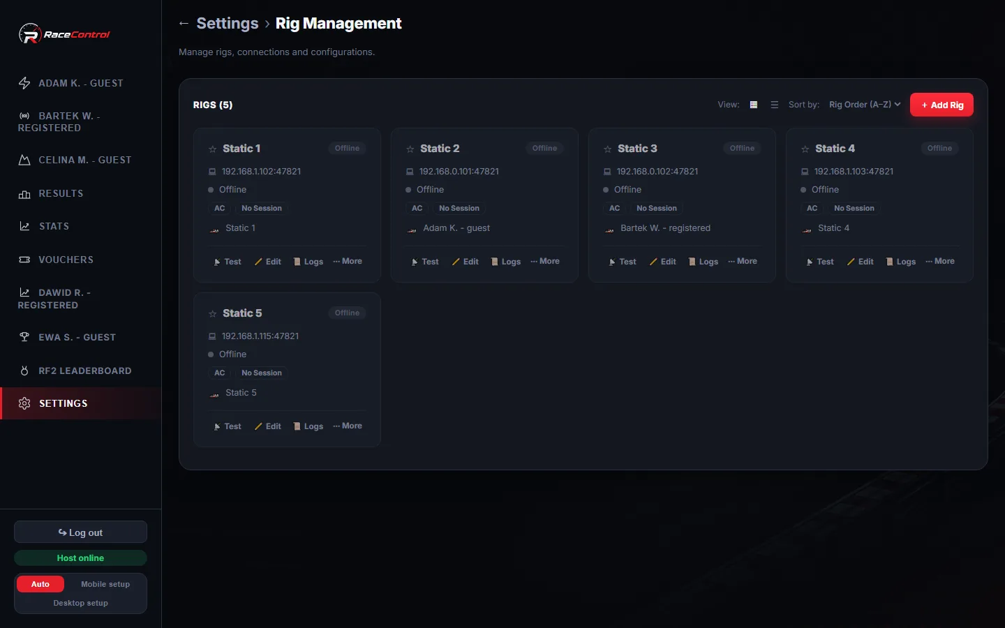 Rig management list with per-rig status, paths and health