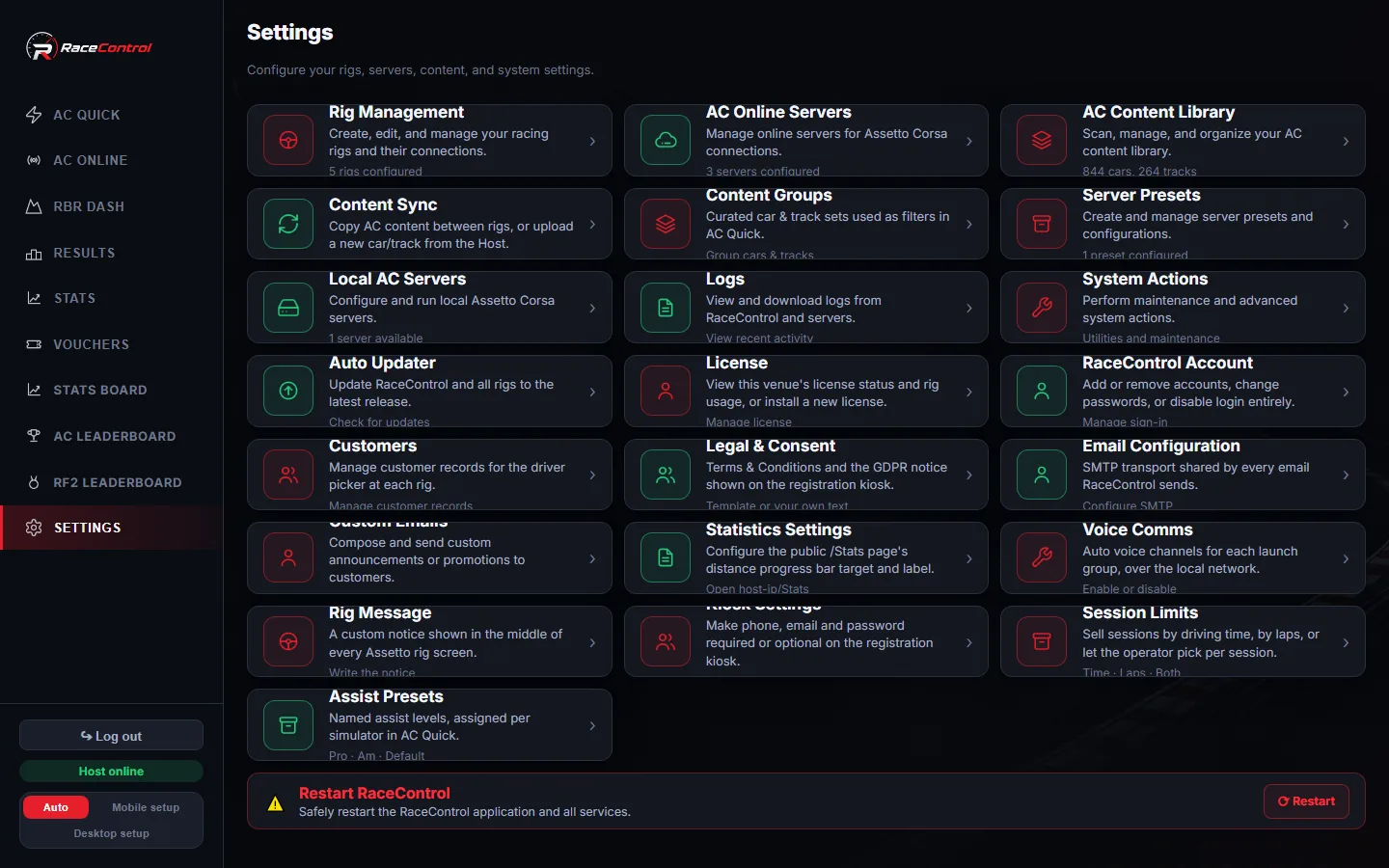 RaceControl settings screen listing every module — rigs, servers, content, customers, vouchers, voice, updates and licensing