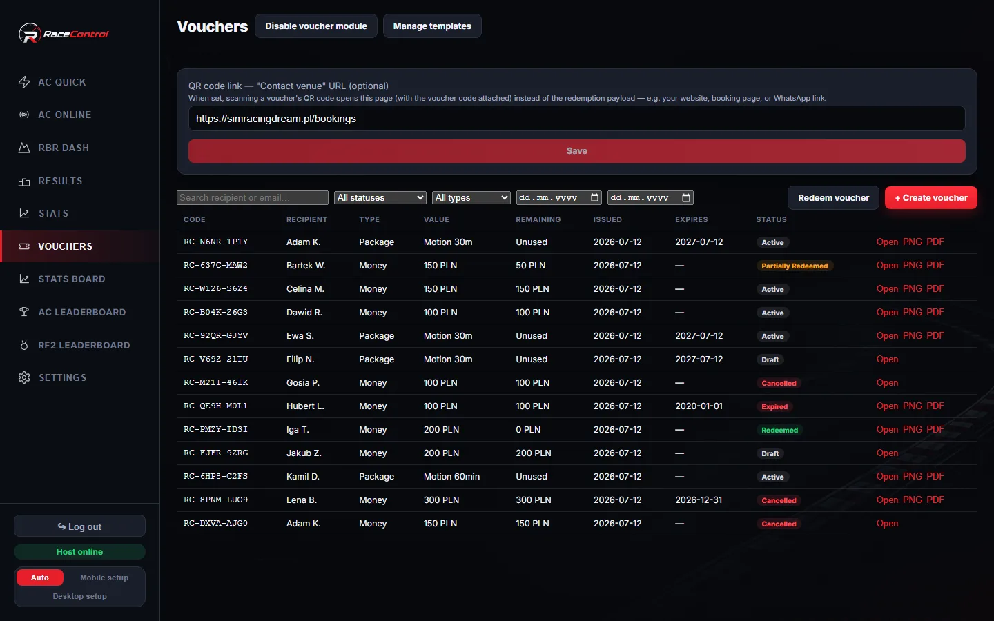 Voucher list with codes, values, remaining balance and status